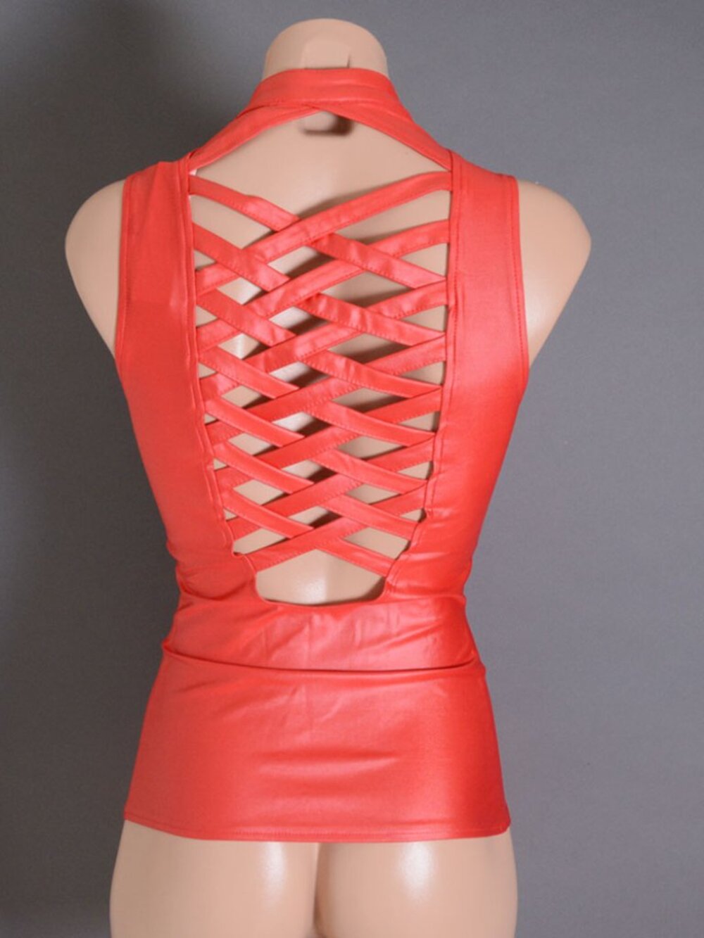 Red Womens Faux Leather Cleavage Zipper Lace Up Strappy Fitted Vest Clubwear Top